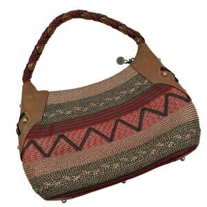 Eric Javits Woven Hobo Bag "Squishee" Woven Chevron Pattern Leather Trim Boho